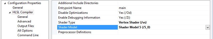 Shader Model Compile Options (Visual Studio 20120)