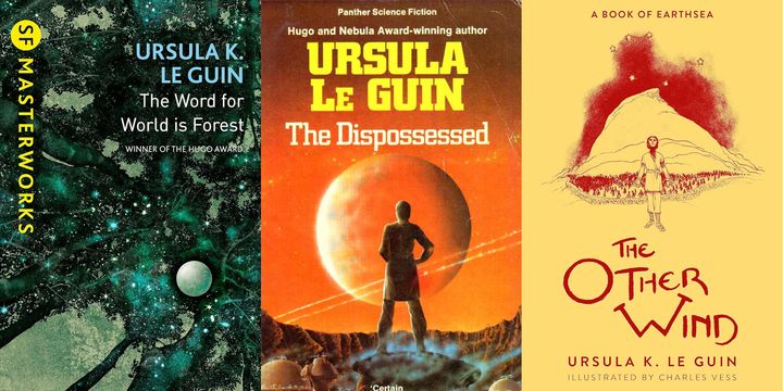 Book covers for The Word for World is Forest, The Dispossessed, and The Outer Wind