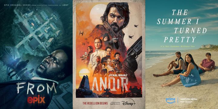 Box art for the TV shows: FROM, Andor, and The Summer I Turned Pretty