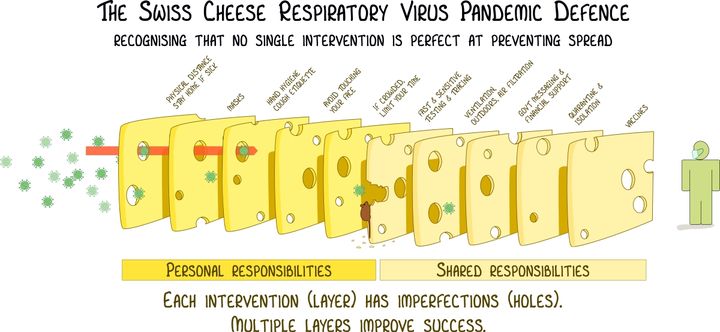 An infographic visualizing layers of defence against respiratory diseases as slices of cheese with holes in them