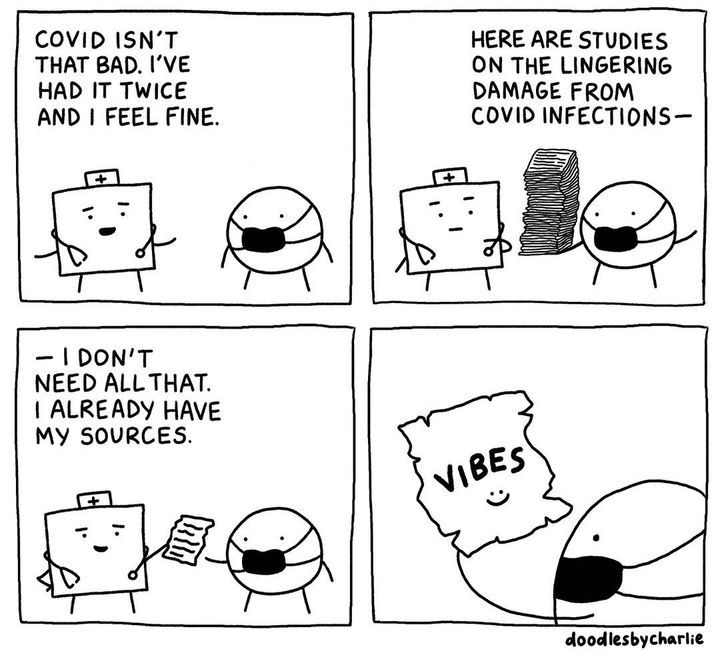 A 4x4 black and white comic in which a doctor insists that COVID isn't that bad. A patient challenges them with studies to the contrary, to which the doctor says they don't need more sources they already have theirs before handing the patient a piece of paper with the word "vibes" written on it