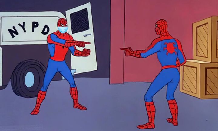 Spiderman pointing at each other meme, but one is wearing a surgical mask